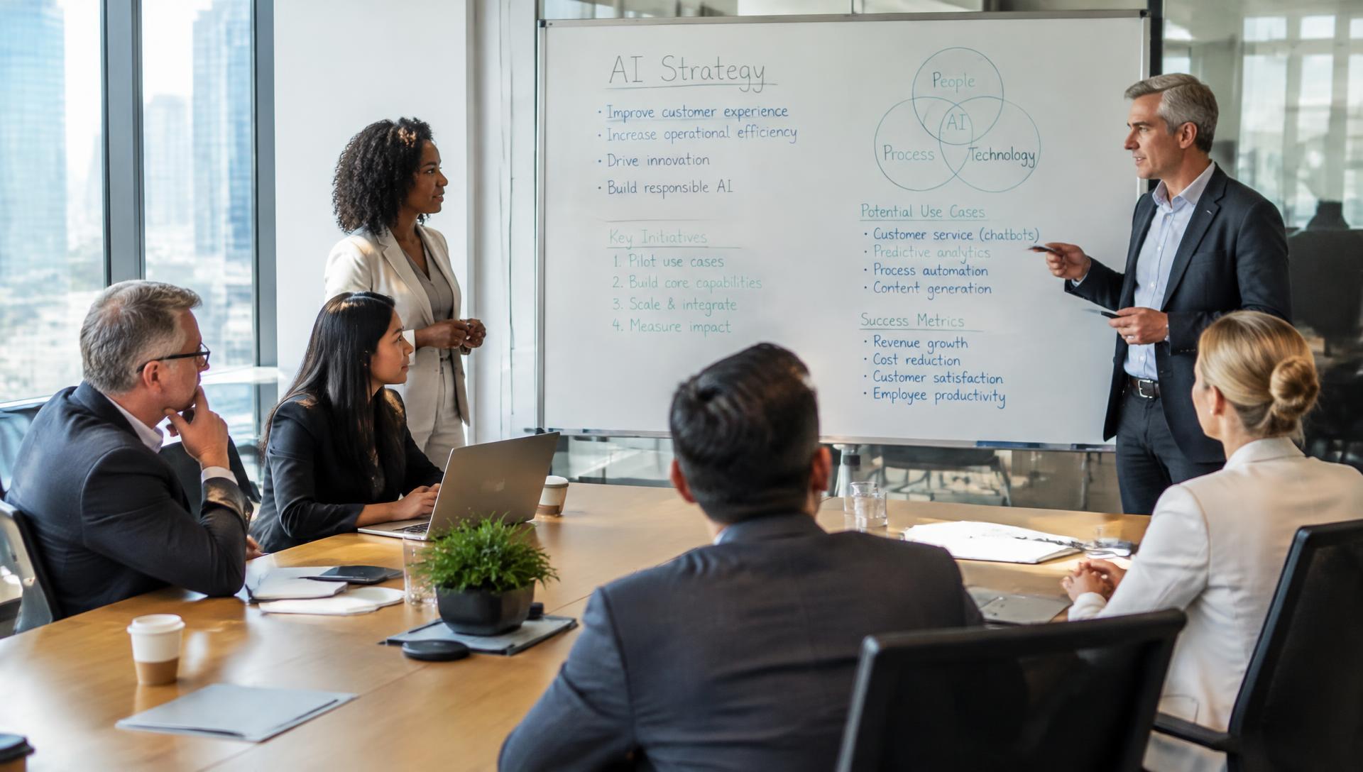 A leadership team discussing an AI strategy at a whiteboard
